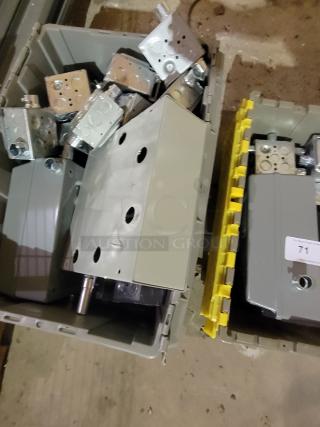 2-bin lot of industrial electrical enclosures, galvanized steel junction boxes, NEMA-rated, with pre-installed connectors.