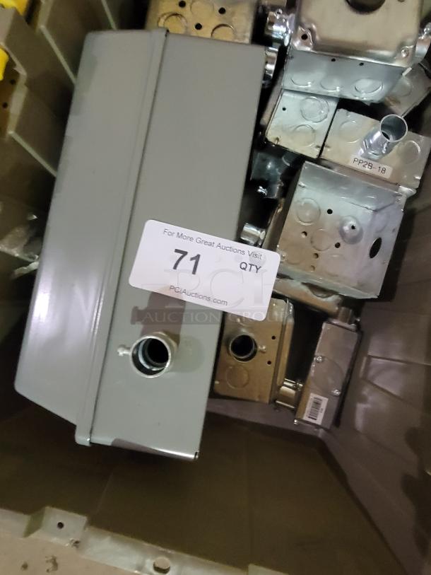 2-bin lot of industrial electrical enclosures and junction boxes, galvanized steel, NEMA-rated, pre-installed connectors.