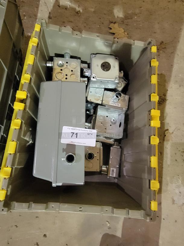 2-bin lot of industrial electrical enclosures and junction boxes, featuring NEMA-rated galvanized steel and pre-wired components.