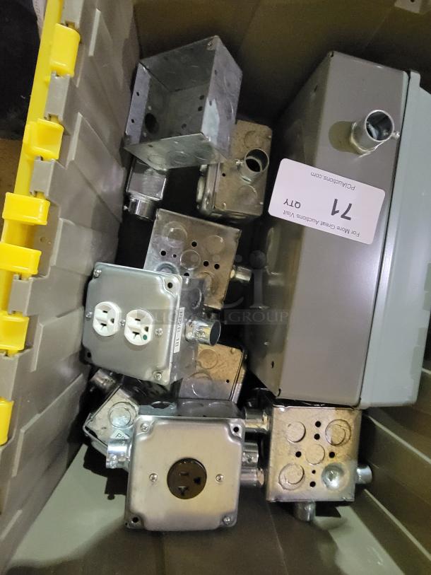 2-bin lot of industrial electrical enclosures; includes steel junction boxes, surface enclosures, and pre-wired components.