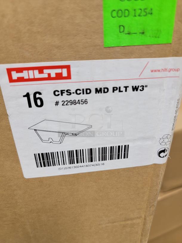 Box of 16 Hilti Firestop Cast-In Device Metal Deck Plates, model CFS-CID MD PLT W3, new in original packaging.