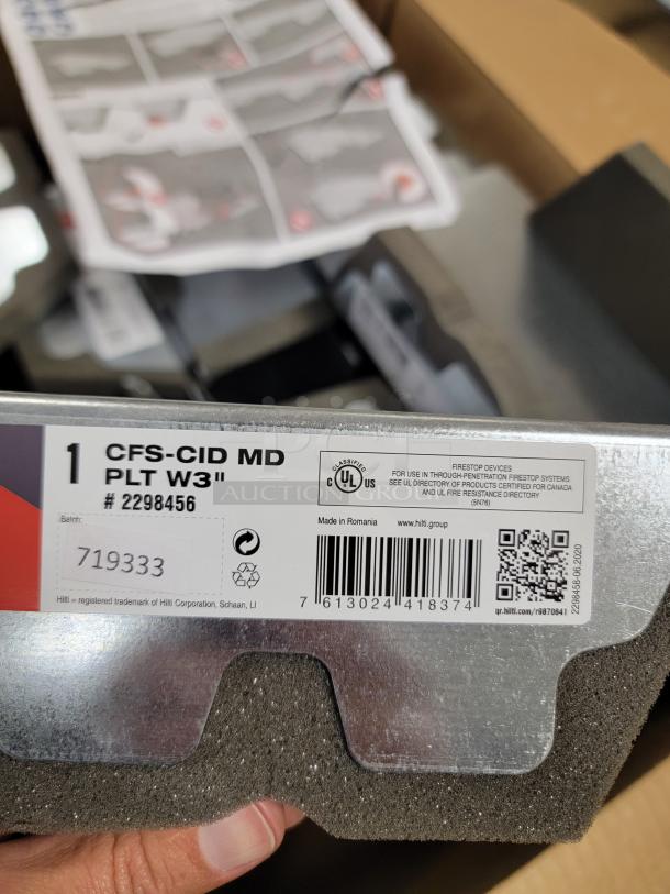 Brand-new Hilti Firestop Cast-In Device Metal Deck Plate, model CFS-CID MD PLT W3, with label showing compliance and specifications.