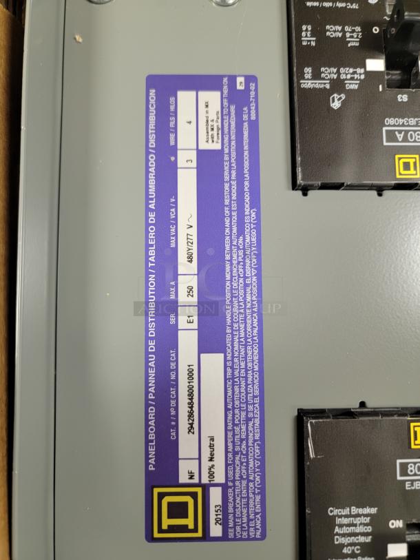 NEW Square D NF Series Panelboard, 250A, 480Y/277V, includes EJB breakers, 100% rated neutral, manuals, hardware, new in box.