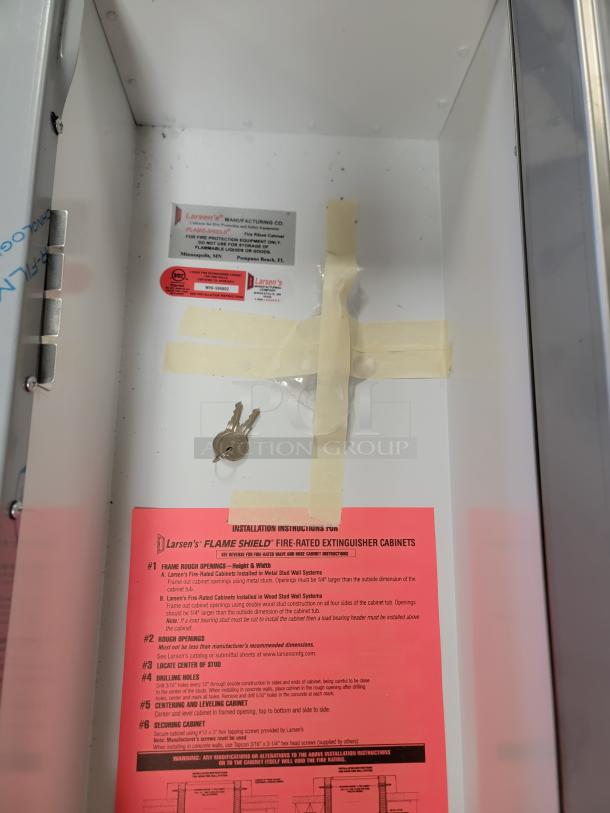 *NEW* Larsen's Flame-Shield extinguisher cabinet, model WHI-595802. Features: stainless steel trim, semi-recessed, clear panel. Includes keys, security tag, installation instructions.