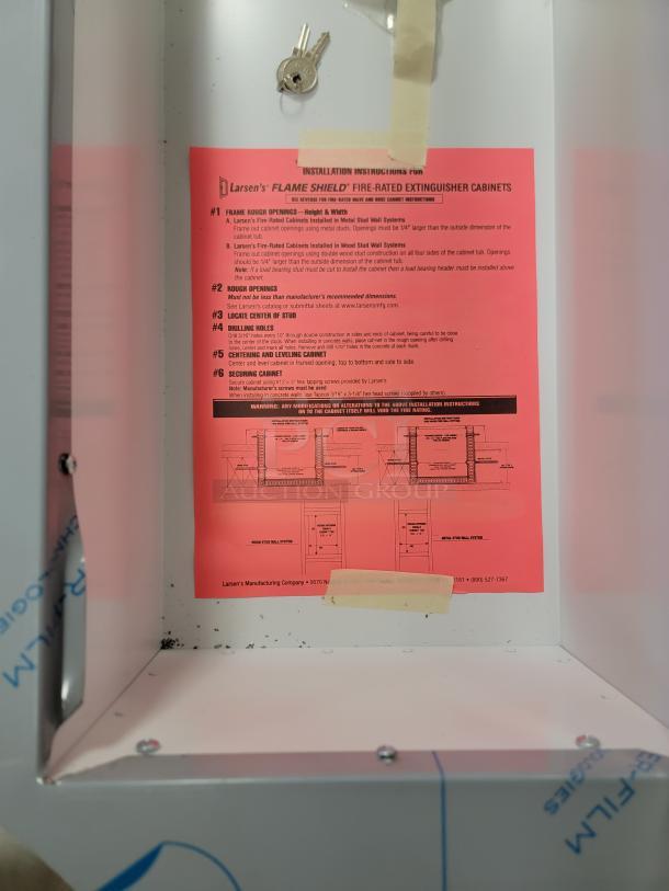 Larsen's WHI-595802 flame-shield extinguisher cabinet, stainless steel trim, brand-new with keys, security tag, installation guide.