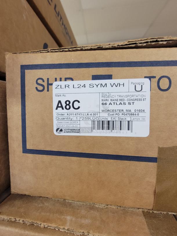 Lot of 14 new Lithonia Lighting ZLR L24 SYM WH reflector kits in original packaging with labels. Includes mounting hardware.