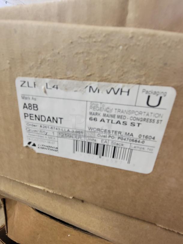 Box label for Lithonia Lighting ZLR L48 pendant reflectors, marked A8B Pendant. Includes shipping info and barcodes.