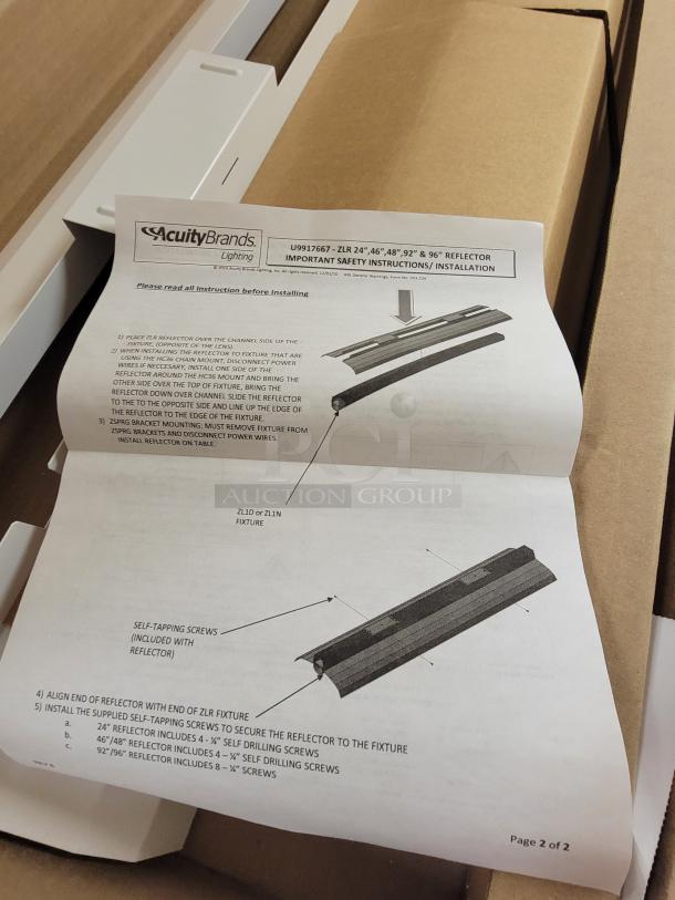 Lot of 6 new Lithonia Lighting ZLR L48 pendant reflectors with installation guides and screws, high-reflectance white finish.