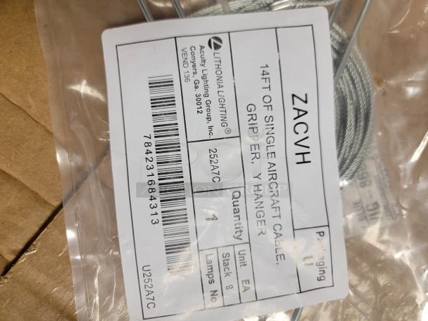 Factory-sealed Lithonia Lighting ZACVH aircraft cable grippers package; includes 14ft cable and Y hanger for overhead installations.