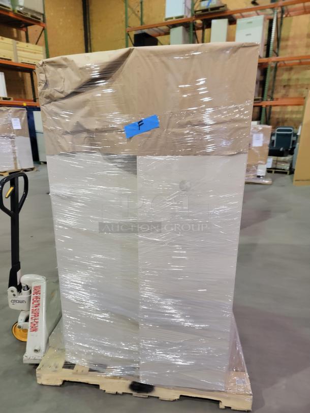 Steelcase and Global commercial storage cabinets on a pallet, wrapped for transport. Features include heavy-gauge steel and modular design.