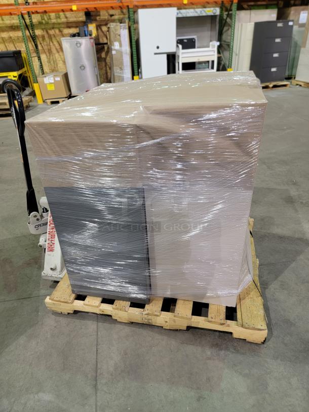 10 pallet lot of Steelcase and Global steel storage solutions wrapped in plastic. Mix of cabinets and lockers for high-density use.