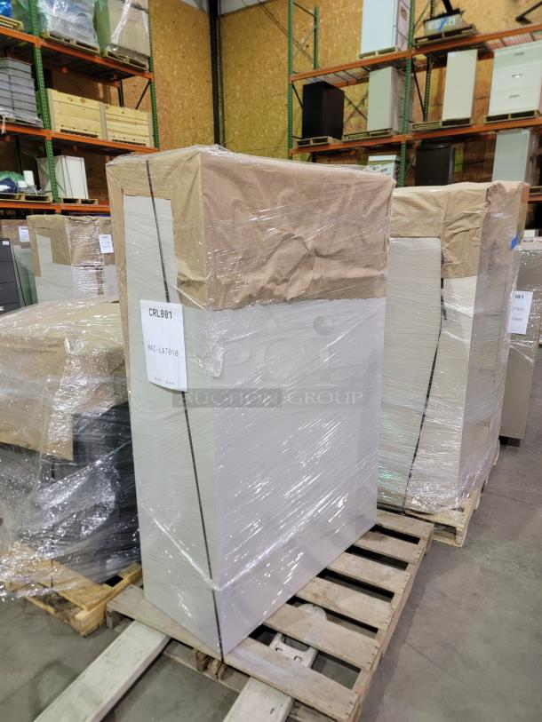 Steelcase and Global commercial storage solutions on 10 pallets, featuring steel cabinets, wrapped for protection, labeled CRL801.