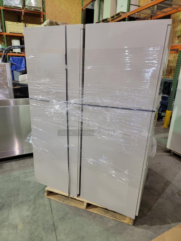 Steel cabinets from Steelcase and Global, wrapped on a pallet. Commercial-grade, powder-coated, designed for high-density storage.