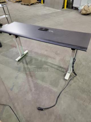 Lot of 4 KI Krueger International Synthesis nesting tables with Graphite Nebula tops, flip-top, power modules, T-leg base, casters.