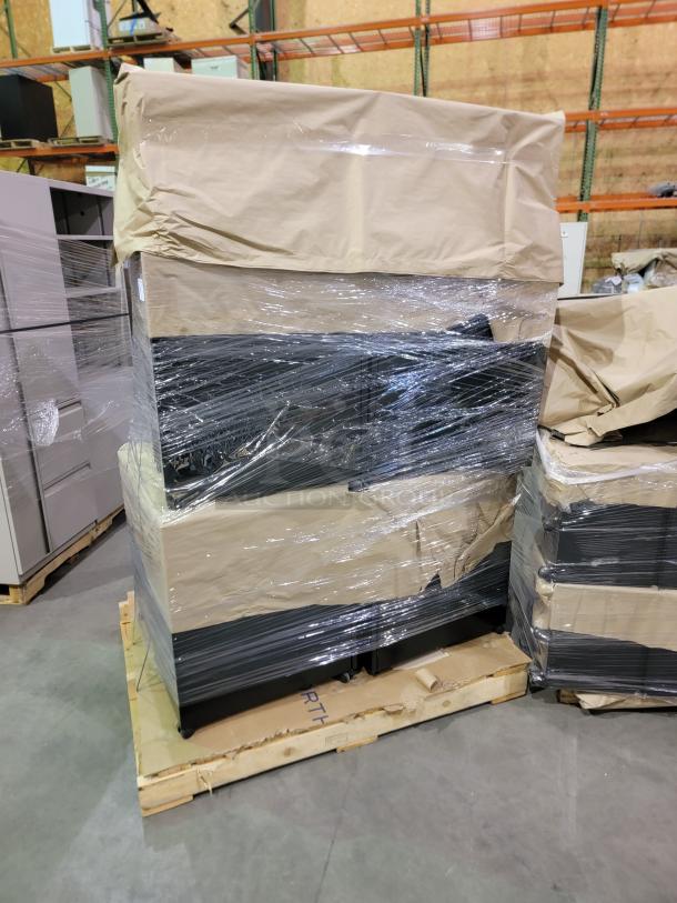 HP M2705A mobile storage pedestals on pallets, wrapped in plastic. Each unit has three drawers and smooth-rolling casters.
