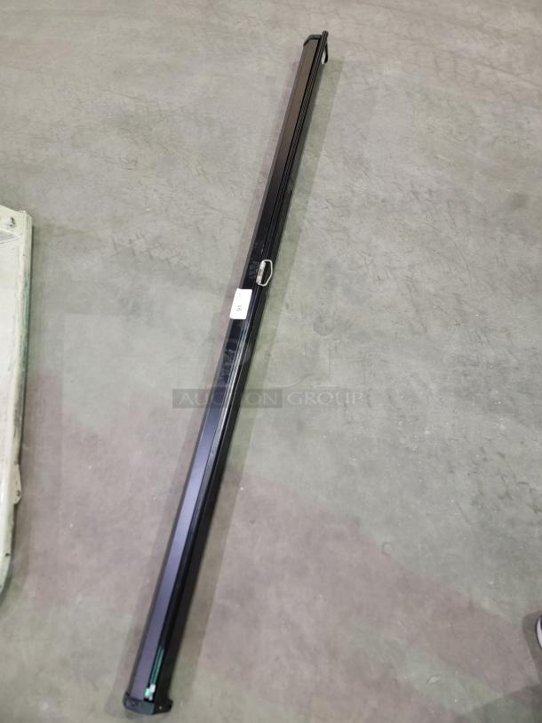 Quartet 7' Projection Screen with matte white surface, black metal housing, pull-down mechanism, and mounting hardware.