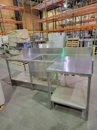 Heavy-duty stainless steel prep table with 24-inch deep bowl sink, backsplash, undershelf, reinforced legs, and adjustable feet.