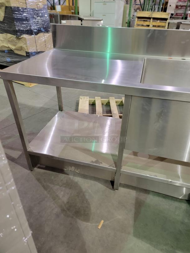 Heavy-duty stainless steel prep table with 24" square sink, backsplash, undershelf, reinforced legs, and adjustable feet.