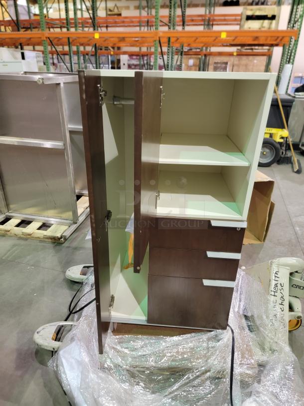 Healthe locking cabinet with dark wood veneer and white chassis, integrated lock, shelves, and drawers for secure, stylish storage.