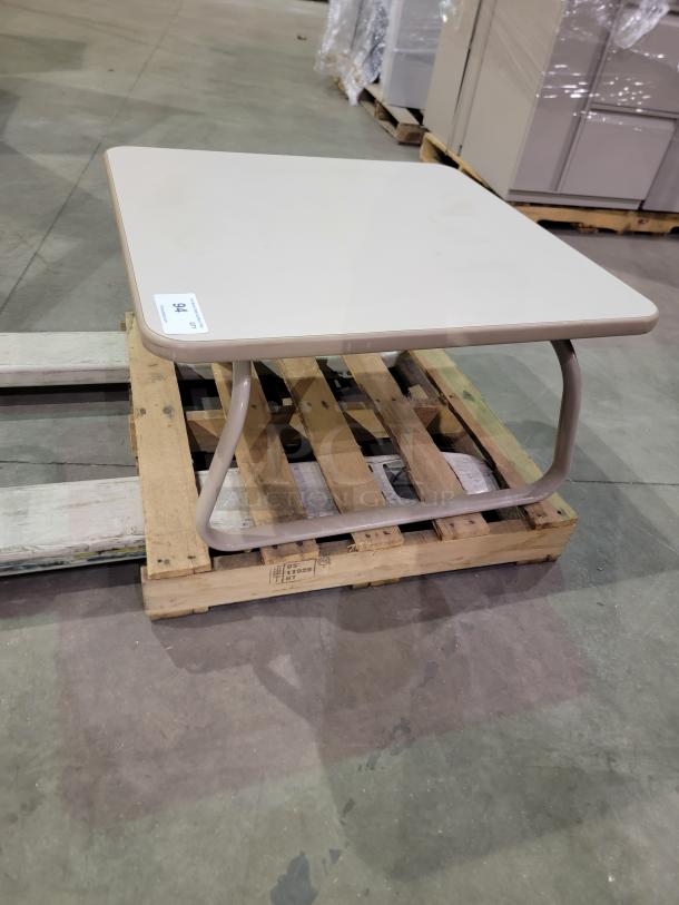 Vintage Steelcase 30" end table with laminate top, C-frame base, impact-resistant edge, manufactured March 1993.