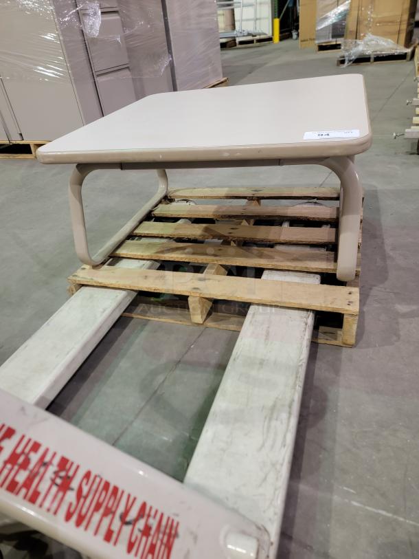 Vintage Steelcase 30" end table with C-frame, neutral laminate top, impact-resistant edges, tubular steel base, 1993.