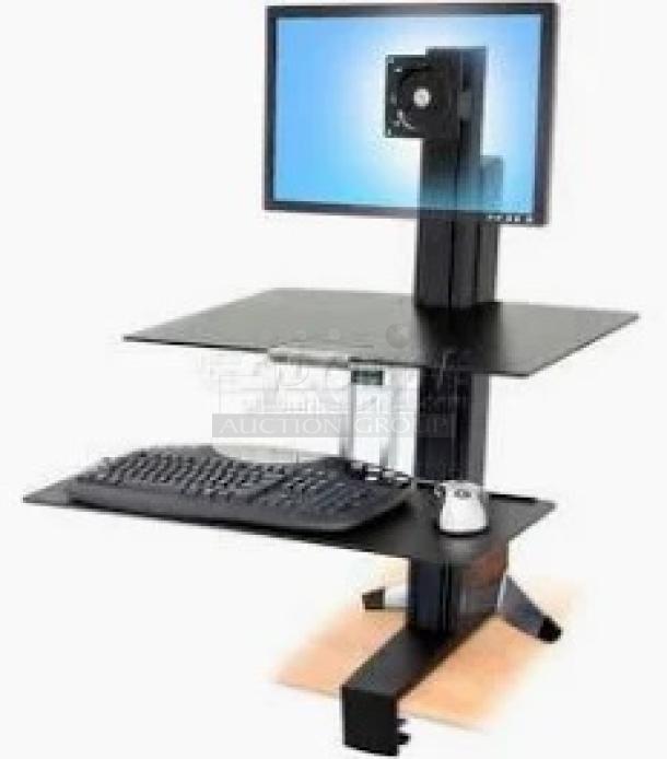 Ergotron WorkFit-S sit-stand workstation, single LCD mount, dual-level, clamps to desk, ergonomic office solution.