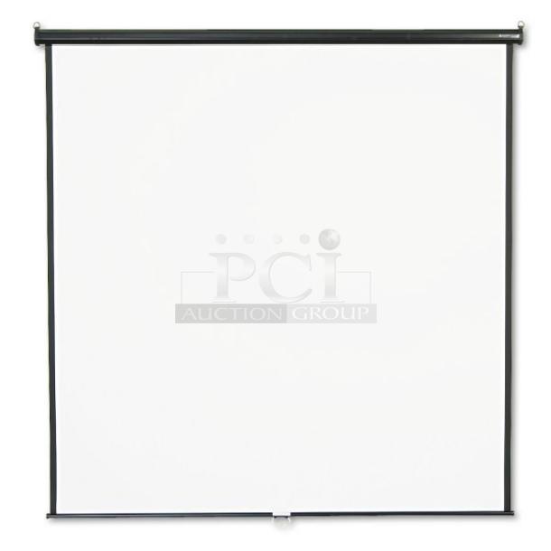 Quartet 7' professional matte white projection screen with black metal housing, smooth pull-down, and secure mounting hardware.