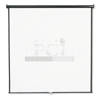 Quartet 7' professional matte white projection screen with black metal housing, smooth pull-down, and secure mounting hardware.