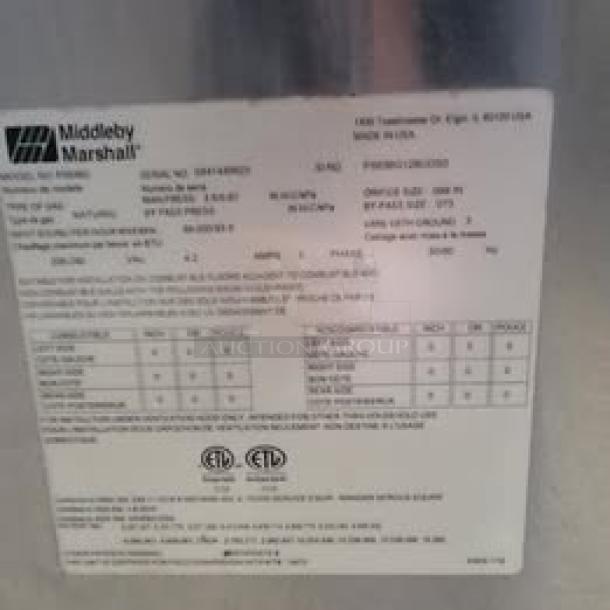 Middleby Marshall PS536GS oven model tag detailing specifications and certifications.