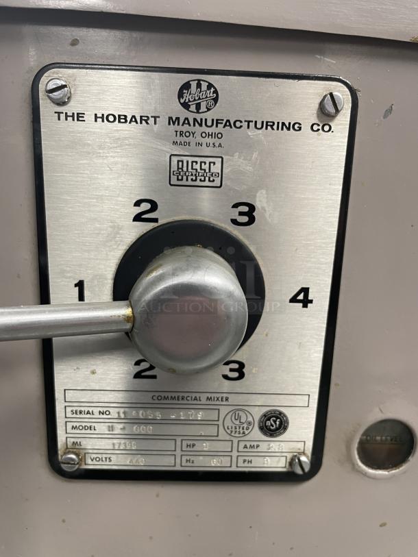 Hobart H-600 commercial mixer, 4-speed dial. UL and NSF logos, serial no. 11-1055-179. 1 HP motor, 440V, made in USA.