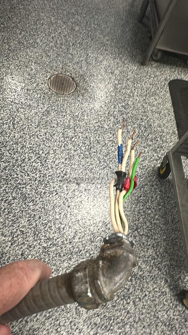 Damaged power cable from Hobart H-600 mixer. Exposed, frayed wires needing replacement. Essential for safe operation.