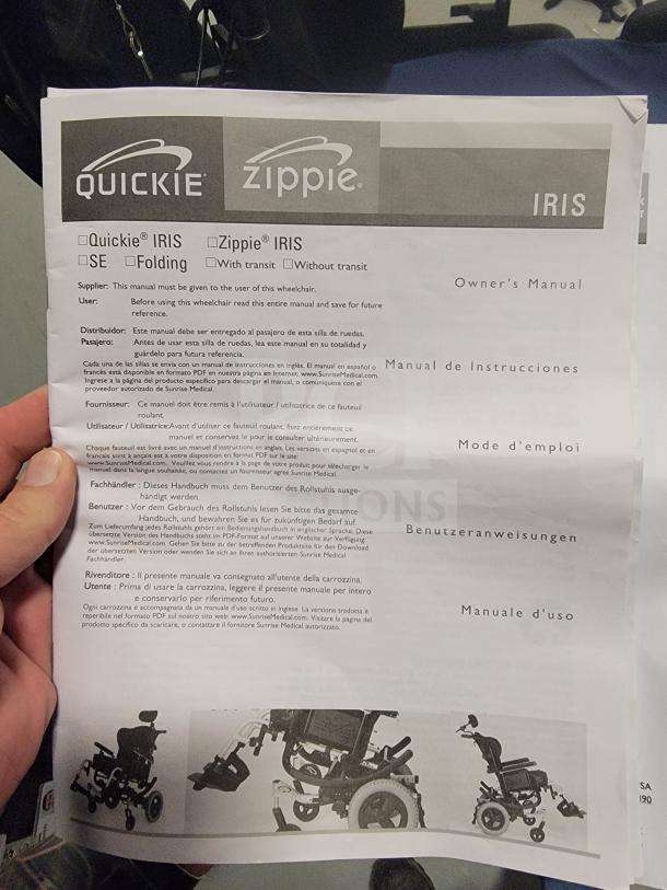 Owner's manual for Quickie IRIS tilt-in-space wheelchair, detailing transit options and usage instructions in multiple languages.