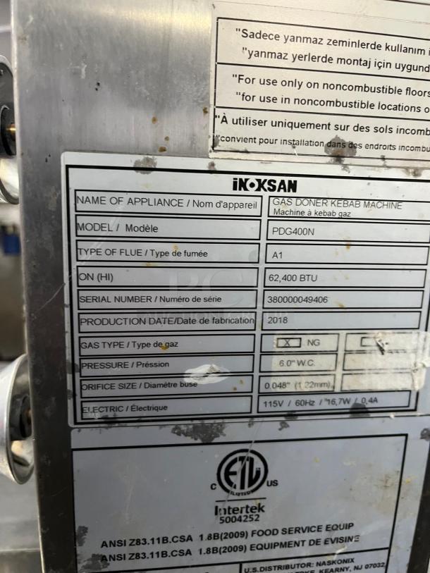 INOKSAN PDG400N Doner Kebab Machine, gas type NG, 132-165 lb. capacity, 2018 model, mesh shield included, serial 380000049406.