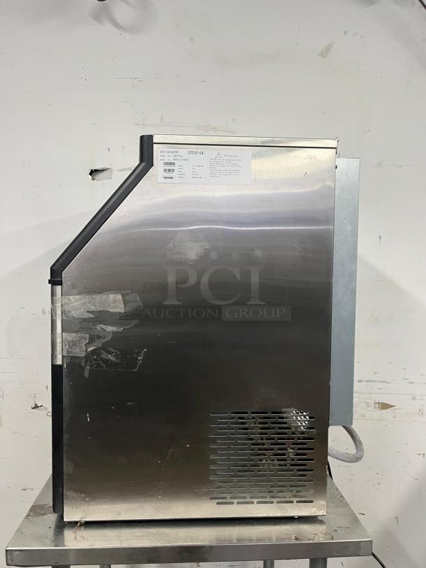 VEVOR Commercial Ice Maker Machine, 320LBS, stainless steel, ETL approved, SECOP compressor, side view with label.
