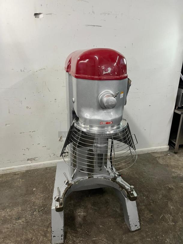 AXIS AX-M80 80QT mixer, planetary style, red and silver body, visible wear. Guards and levers intact, industrial use.