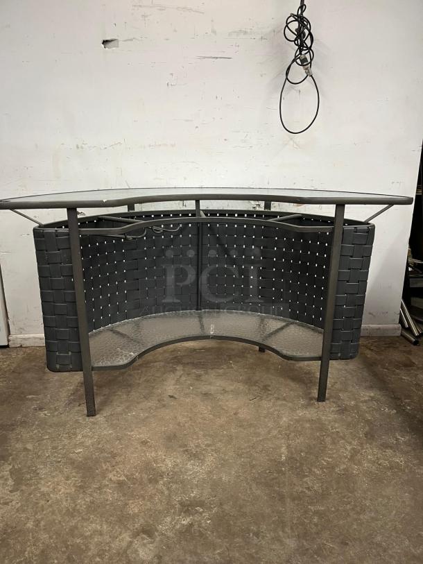 CURVED OUTDOOR BAR, wicker design, glass top, steel frame, excellent condition, ideal for patio use.