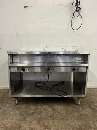 RANDELL 3513-120 48" electric hot food table with three top openings, stainless steel, in used condition.