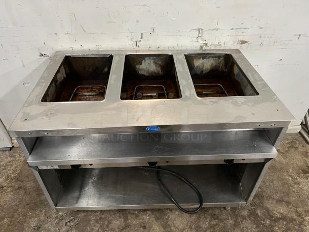 RANDELL 3513-120 48" electric hot food table with three top openings, stainless steel, used condition.