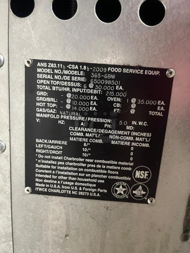 VULCAN 36S-6B gas range label, detailing model information, BTU input, natural gas usage, and safety instructions.