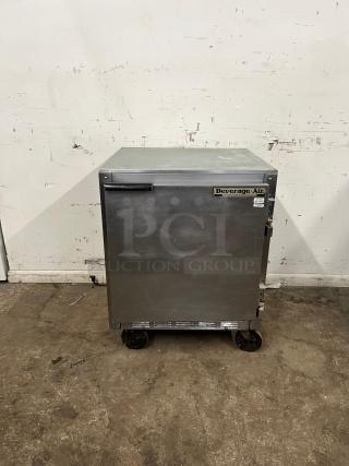 Beverage-Air 27" undercounter refrigerator, stainless steel, in used condition, on wheels, with visible brand logo on door.