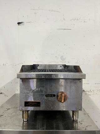 Star-Max 15in Radiant Gas Charbroiler, used condition, stainless steel, visible control knob, and on/off marking.