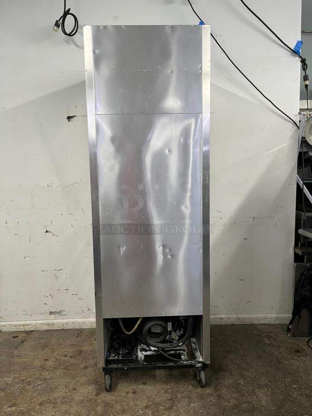 TRUE T-23-2 reach-in refrigerator, 27" one section, two left hinge solid doors, visible wear with dents, 115v.