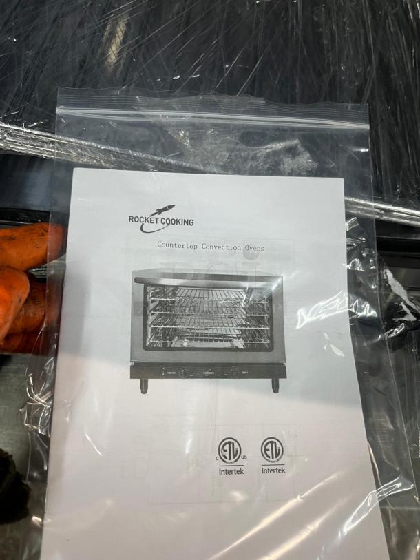 EVERNEW ENCOV-28 Enhanced Countertop Convection Oven, half size, shown in packaging with Rocket Cooking label and Intertek certification.