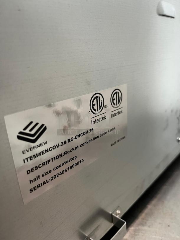 EVERNEW ENCOV-28 half-size countertop convection oven, model ENCOV 28. ETL certified, serial 2024061800014.