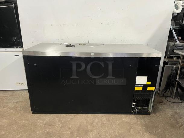 Micro Matic MDD68-E-LT 69" draft beer cooler, black with stainless steel top, two-section, glass rinser, used.