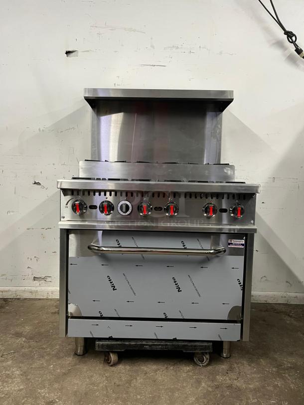 BRAND NEW 2024 Evernew RC-ENR6B36TJ-NAT stainless steel 2-tier 6-burner range with oven, backsplash, overshelf. 210,000 BTU.