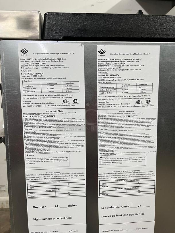 Straight-on view of Evernew RC-ENR6B36TJ-NAT label, detailing specs for commercial natural gas 6-burner range.