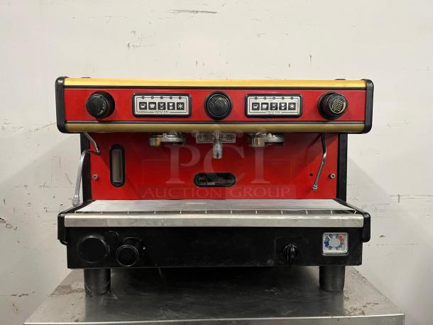 LA SPAZIALE NEW EK 2-group espresso machine, red and black, commercial-grade, visible control panel, used condition.