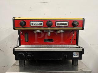LA SPAZIALE NEW EK 2-group espresso machine, red and black, commercial-grade, visible control panel, used condition.