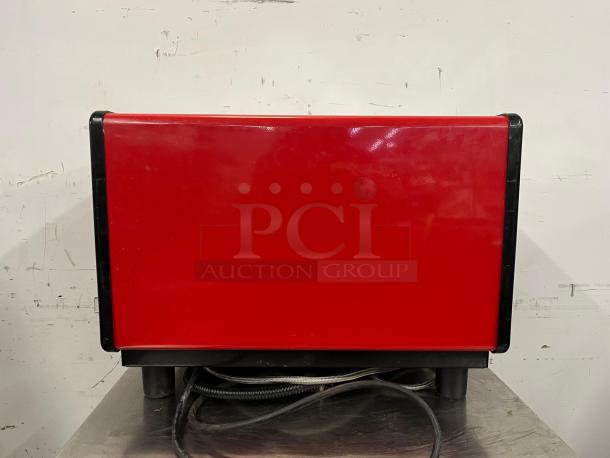 LA SPAZIALE NEW EK 2-group commercial espresso machine, red exterior, visible cords, used condition.